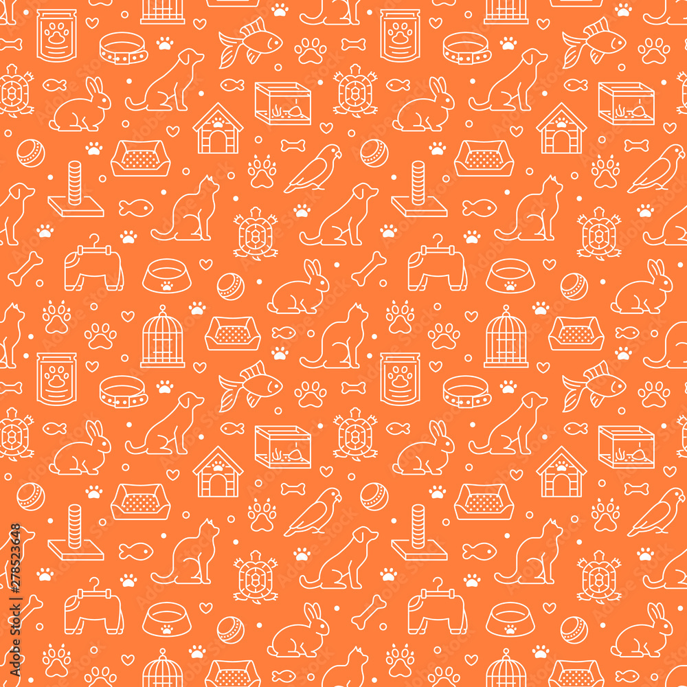 Pet shop vector seamless pattern with flat line icons of dog house, cat food, bird cage, rabbit, fish aquarium, animal paw. Orange white color background, wallpaper for veterinary clinic