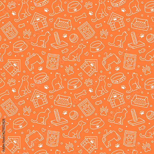 Pet shop vector seamless pattern with flat line icons of dog house, cat food, food bowl, puppy toys, animal paw. Orange white color background, wallpaper for veterinary clinic