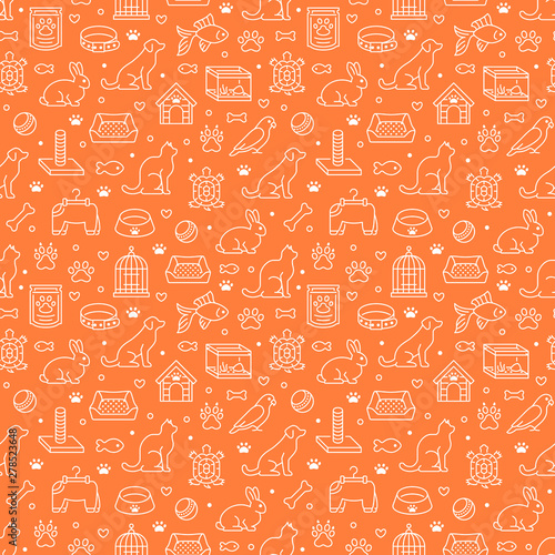Pet shop vector seamless pattern with flat line icons of dog house, cat food, bird cage, rabbit, fish aquarium, animal paw. Orange white color background, wallpaper for veterinary clinic