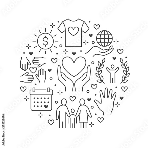 Charity vector circle banner with flat line icons. Donation, nonprofit organization, NGO, giving help illustration. Outline signs for donating money, volunteer community poster