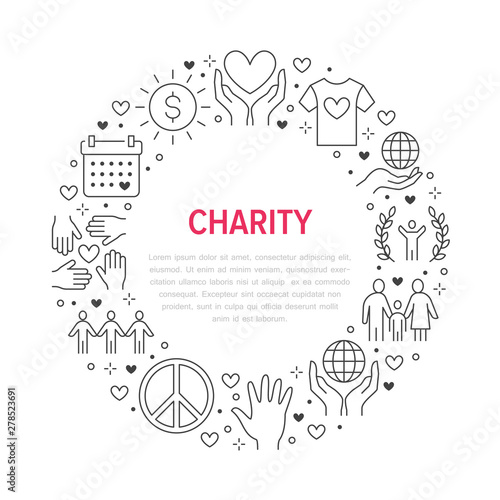Charity vector circle banner with flat line icons. Donation, nonprofit organization, NGO, giving help illustration. Outline signs for donating money, volunteer community poster photo