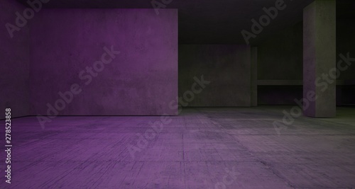 Abstract architectural concrete interior of a minimalist house with color gradient neon lighting. 3D illustration and rendering.