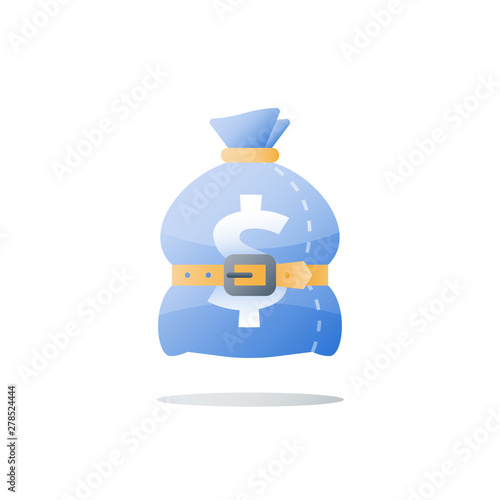 Sack with belt, tied money bag, budget deficit, finance planning, economy concept, efficient spending