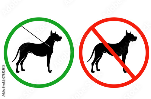 vector set of signage for pet owners - dogs allowed when on leash and forbidden to run free