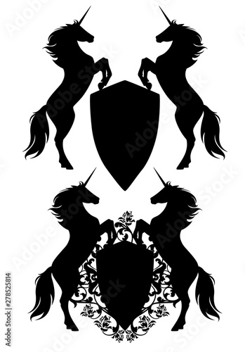 pair of mythical unicorn horses rearing up and holding heraldic shield among rose flowers - medieval fairy tale coat of arms black vector silhouette design set