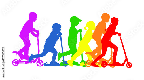 Group of children riding scooter vector silhouette. Kids on kick board enjoying together. Active outdoor fun and entertainment for boys and girls. Roller sport. Friends rent electric scooter on travel