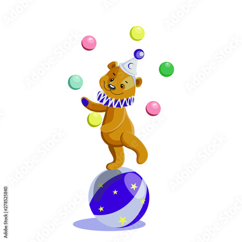 Teddy bear circus clown juggler in vector. Isolated object for greeting card or invitation background design. Teddy bear in a circus style. Hand drawn  illustration.