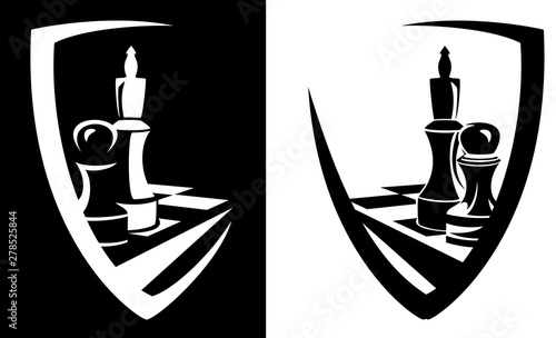 king and pawn chess pieces inside heraldic shield - sport game black and white vector emblem design