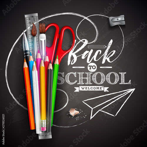 Back to school design with colorful pencil, scissors, ruler and typography letter on black chalkboard background. Vector illustration with education elements for greeting card, banner, flyer