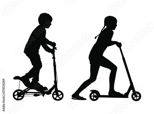 Sister and brother riding scooter vector silhouette. Kids on kick board enjoying together. Little girl and boy active outdoor fun entertainment. Children roller sport. Friends rent electric scooter.