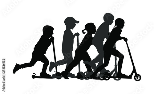 Group of children riding scooter vector silhouette. Kids on kick board enjoying together. Active outdoor fun and entertainment for boys and girls. Roller sport. Friends rent electric scooter on travel