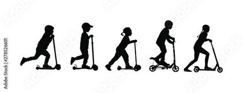 Group of children riding scooter vector silhouette. Kids on kick board enjoying together. Active outdoor fun and entertainment for boys and girls. Roller sport. Friends rent electric scooter on travel