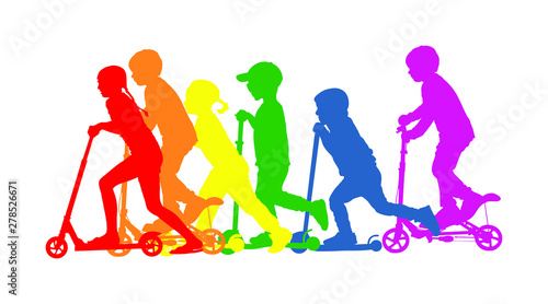 Group of children riding scooter vector silhouette. Kids on kick board enjoying together. Active outdoor fun and entertainment for boys and girls. Roller sport. Friends rent electric scooter on travel