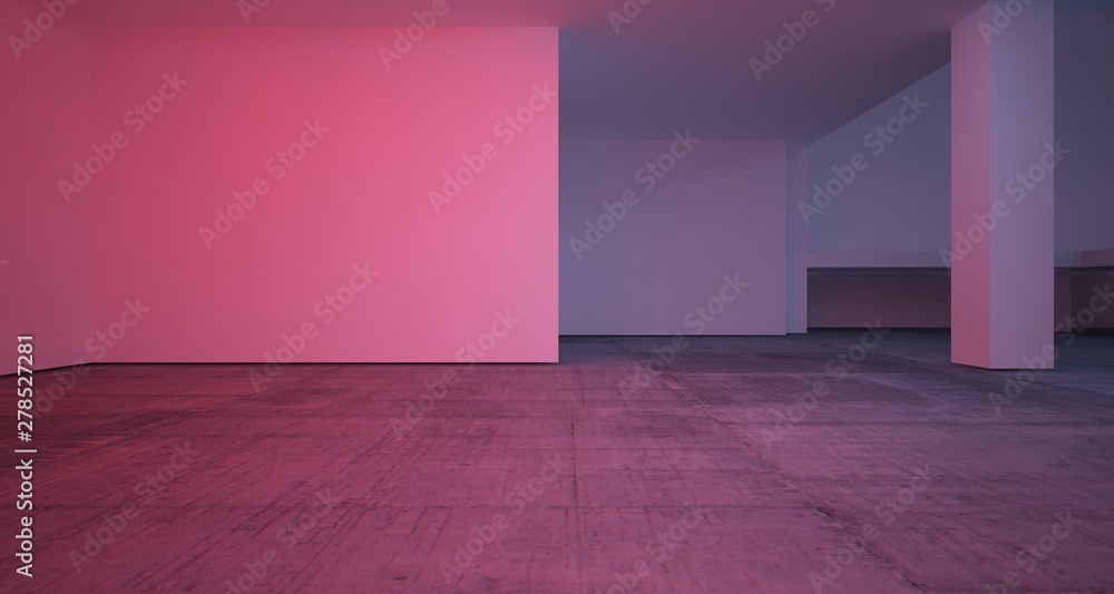 Abstract architectural concrete and white interior of a minimalist house with color gradient neon lighting. 3D illustration and rendering.