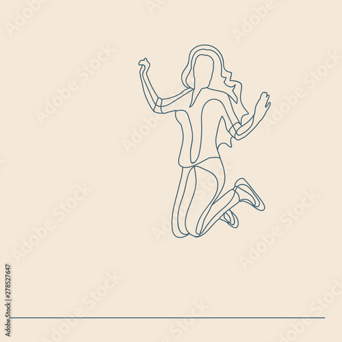 sketch with lines, girl, woman jumping, rejoices