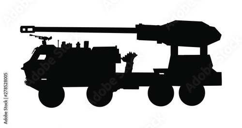 Howitzer artillery launcher truck vector silhouette illustration. Missile Rocket carrier with cannon. Nuclear bomb test, war threat. Powerful army weapon for battle. 