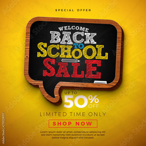 Back to School Sale Design with Chalkboard and Typography Letter on Yellow Background. Vector Education Concept Illustration for Special Offer, Coupon, Voucher, Banner, Flyer, Poster, Invitation or