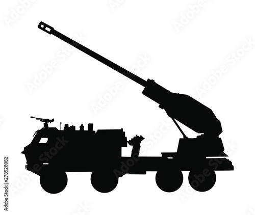Howitzer artillery launcher truck vector silhouette illustration. Missile Rocket carrier with cannon. Nuclear bomb test, war threat. Powerful army weapon for battle. 