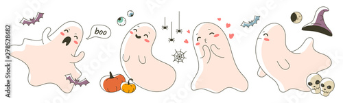 Cute little ghost flat design illustration with  face expressions. Happy haloween graphic character, spirit, hat and skeletons of october celebration. Pumkin and kawaii flying ghost in comic style.