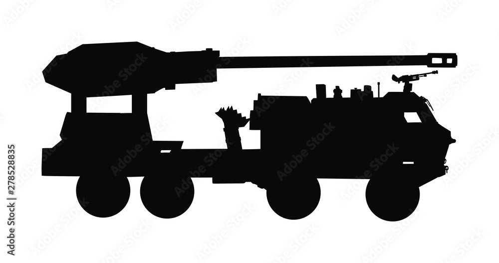 Howitzer artillery launcher truck vector silhouette illustration. Missile Rocket carrier with cannon. Nuclear bomb test, war threat. Powerful army weapon for battle. 