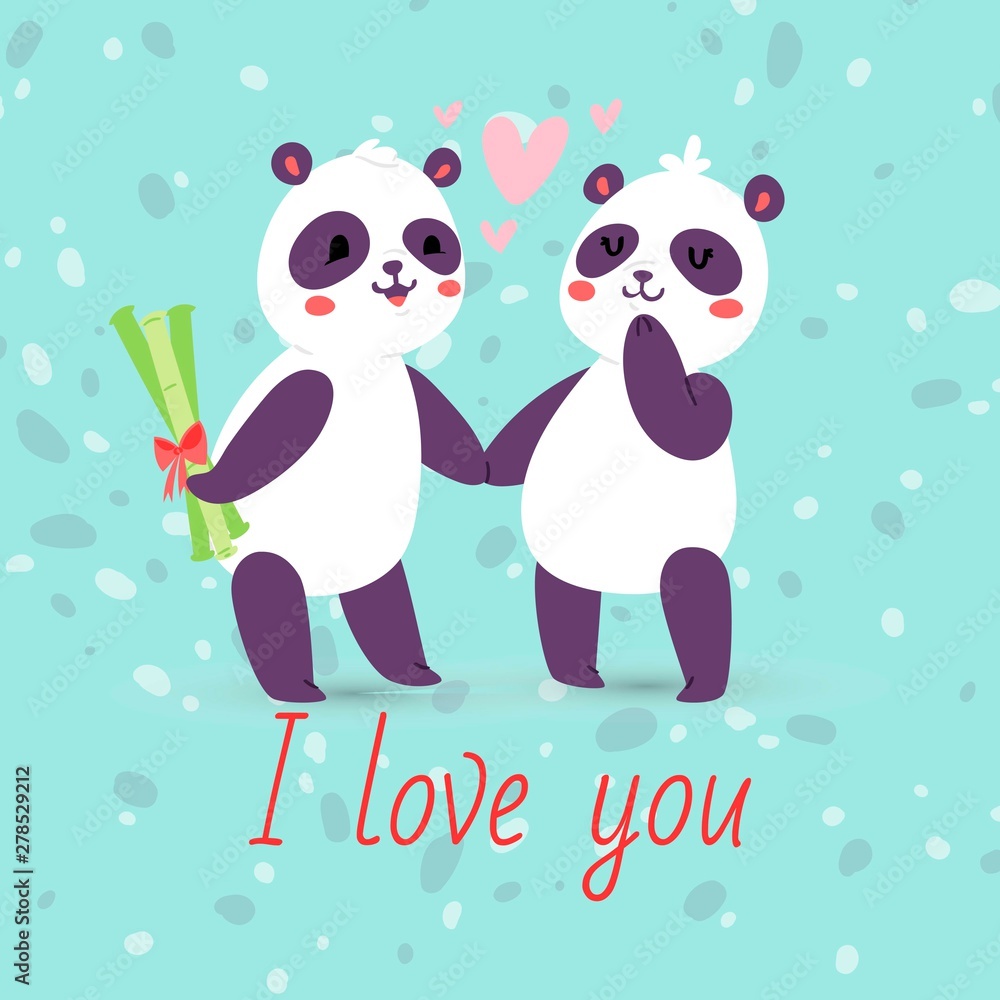 Obraz premium Pandas couple in love banner, greeting card vector illustration. Cartoon adorable animals holding hands. Flying hearts. Valentine Day character hiding bamboo gift for girl. I love you