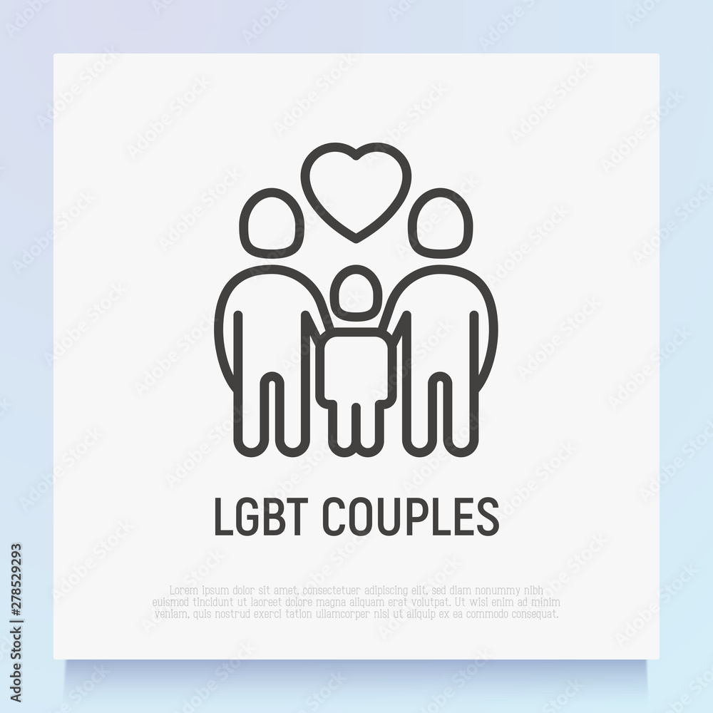 Happy LGBT couple with child thin line icon. Adoption for homosexual family. Modern vector illustration. Happy LGBT couple with child thin line icon. Adoption for homosexual family. Modern vector illustration.