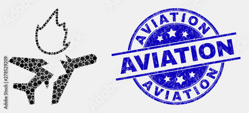 Pixel airplane crash mosaic icon and Aviation seal. Blue vector round textured stamp with Aviation phrase. Vector combination in flat style. Black isolated airplane crash mosaic of random dots,