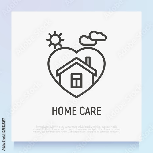 Home care symbol: house in heart thin line icon. Symbol of safety, protection, insurance. Modern vector illustration.