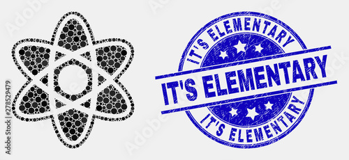 Dot atom model mosaic pictogram and It'S Elementary stamp. Blue vector round distress seal stamp with It'S Elementary title. Vector combination in flat style.