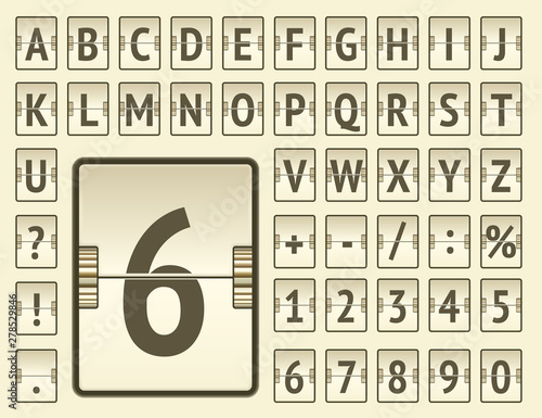 Beige steampunk airport flip board mechanical bold alphabet with numbers for destination information and timetable showing. Vector illustration.