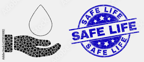 Pixelated blood donation hand mosaic icon and Safe Life seal stamp. Blue vector round grunge seal stamp with Safe Life caption. Vector combination in flat style.