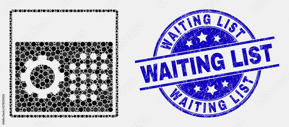 Dot calendar settings mosaic pictogram and Waiting List seal. Blue vector round textured seal with Waiting List text. Vector collage in flat style.