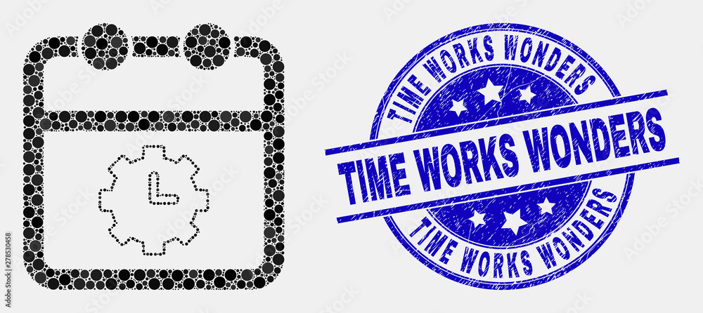 Pixelated calendar time options mosaic pictogram and Time Works Wonders seal stamp. Blue vector round scratched seal stamp with Time Works Wonders message. Vector composition in flat style.