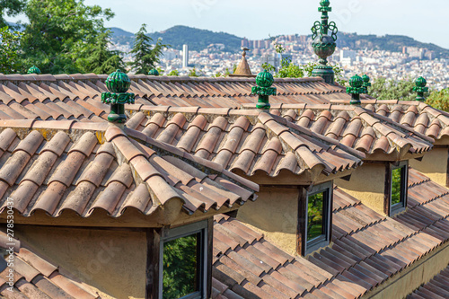 Artistic roof of restaurant building designed by Josep Puig i Cadafalch in Montjuic park of Barcelona, Catalonia, Spain. © joan_bautista