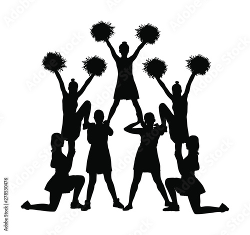 Cheerleader dancers figure vector silhouette illustration isolated. Cheer leading girl sport support. High school, college cheer leading formation. Gymnastic legs apart pose perform. Energy dance fan.