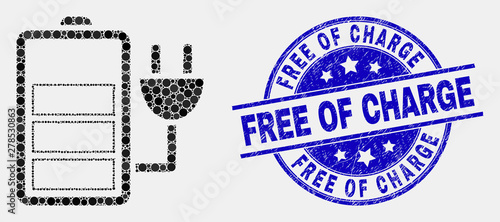 Dotted charge battery mosaic pictogram and Free of Charge seal stamp. Blue vector round scratched seal stamp with Free of Charge text. Vector composition in flat style.