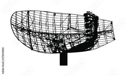 Military radar air surveillance vector silhouette isolated on white background. Telecommunication system. Digital antenna transmitter. Satellite long distance wave transmission. 