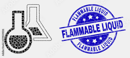 Pixelated chemical glassware mosaic pictogram and Flammable Liquid seal stamp. Blue vector round textured watermark with Flammable Liquid title. Vector collage in flat style.