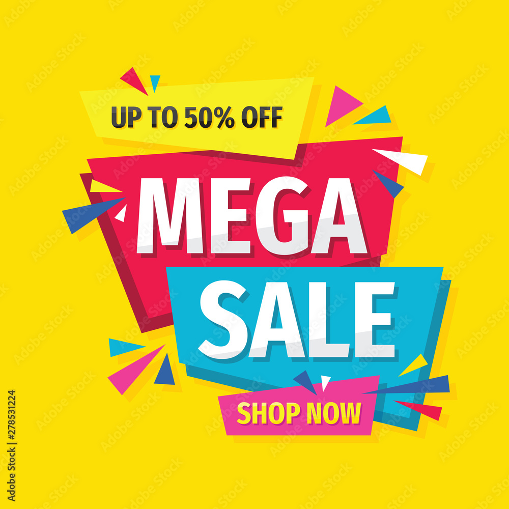 Mega sale - concept promotion banner. Abstract background vector illustration. Discount up to 50% off creative poster. 
