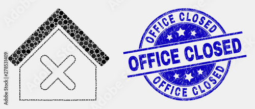 Dot closed house mosaic pictogram and Office Closed seal stamp. Blue vector round scratched stamp with Office Closed title. Vector collage in flat style.