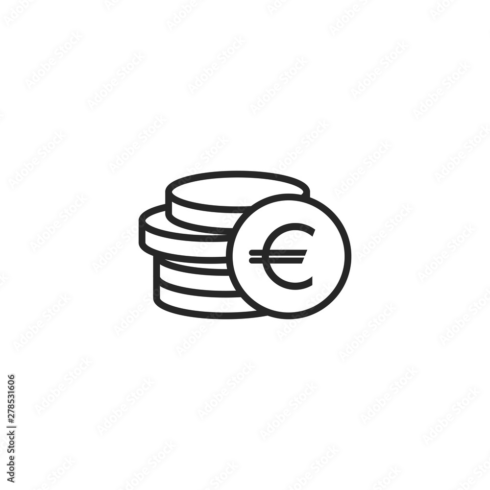 Stack of euro coins with coin in front of it. Flat black icon. Isolated on white. - obrazy, fototapety, plakaty 