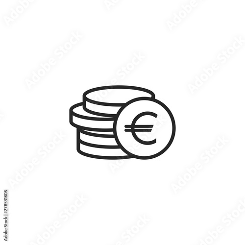 Stack of euro coins with coin in front of it. Flat black icon. Isolated on white.