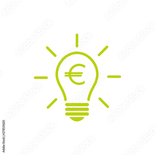 Green bulb with rays and euro sign flat icon. Isolated on white. Electric Light Price icon.