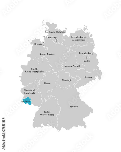 Vector isolated illustration of simplified administrative map of Germany. Blue silhouette of Saarland (state). Grey silhouettes. White outline