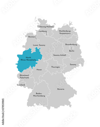 Vector isolated illustration of simplified administrative map of Germany. Blue silhouette of North Rhine-Westphalia  state . Grey silhouettes. White outline