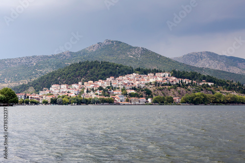 Panorama of a mountain lake and the city  Macedonia  northwest Greece 