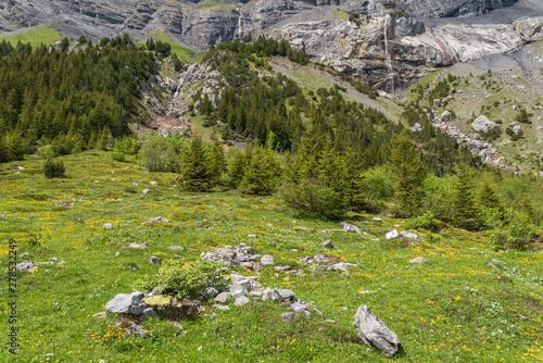 Scenic view between Oeschinen mountain station and Oeschinensee lake close to Kandersteg
