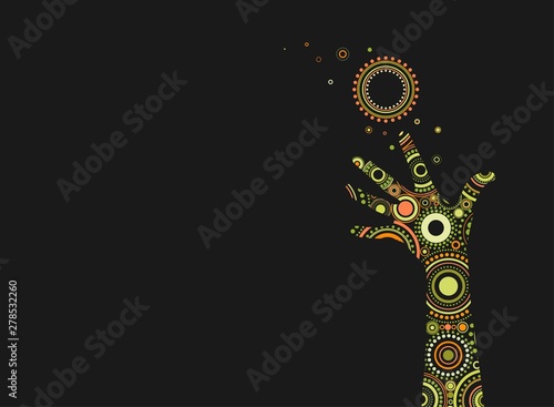 Fantasy painted hand with bright ethnic ornament of circles and dots. Isolated on black background.