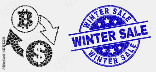 Pixel dollar bitcoin exchange mosaic pictogram and Winter Sale stamp. Blue vector rounded textured stamp with Winter Sale caption. Vector collage in flat style.