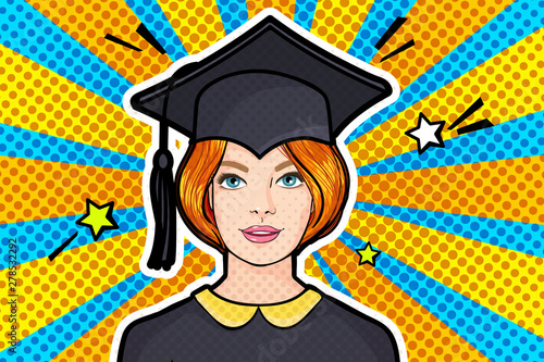 Concept of a graduating class. Girl in Graduation cap in pop art style